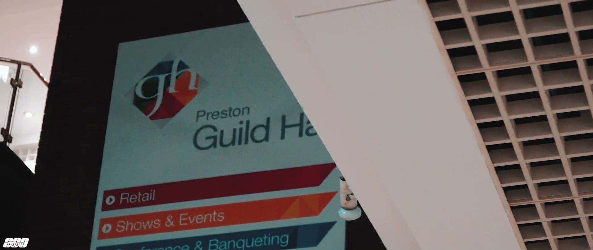 The Preston Guild Hall sign at night, from the S2S after movie